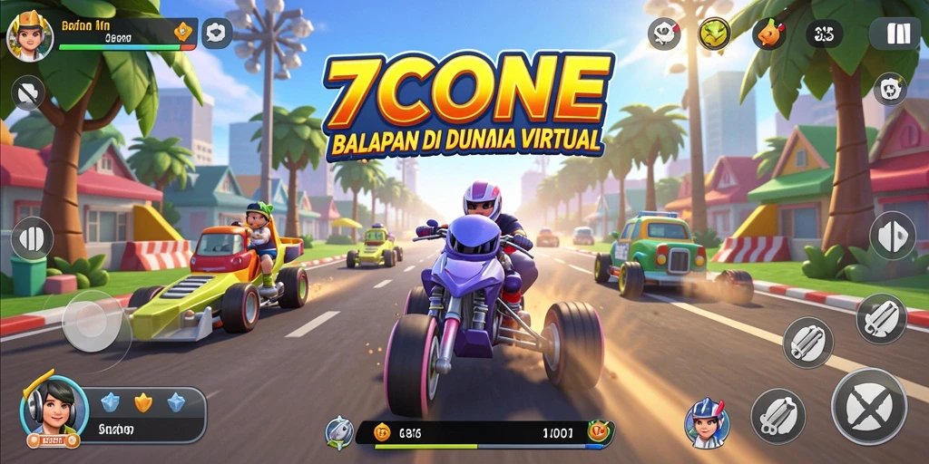 Tampilan gameplay mendebarkan di 7CONE dengan mobil balap yang melaju kencang.