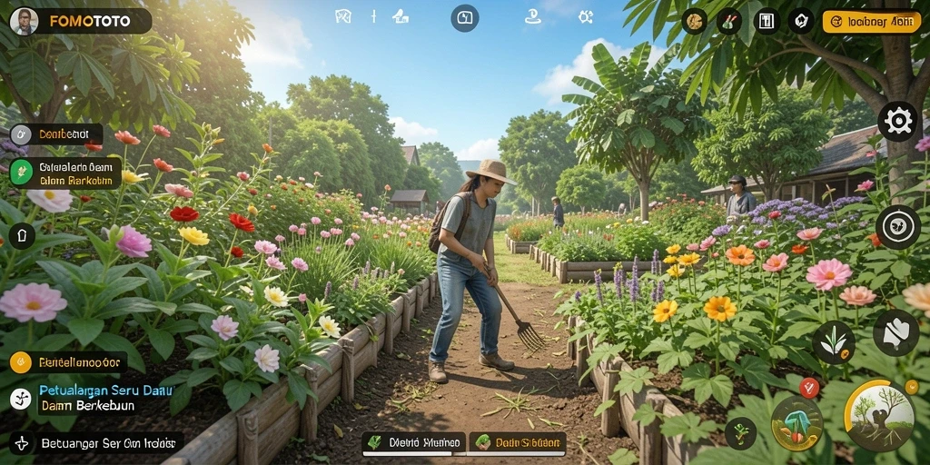 Screenshot FOMOTOTO menampilkan kebun yang rimbun dan penuh warna.