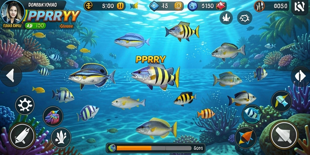 Screenshot menampilkan action seru dalam gameplay Tembak Ikan.