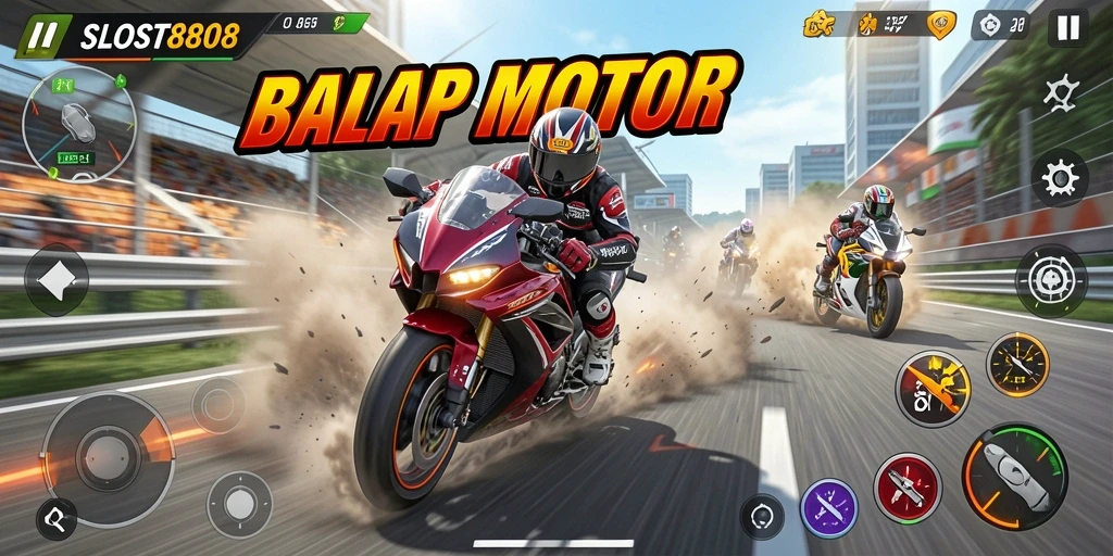 Screenshot dari gameplay balap motor yang mendebarkan di SLOST8808.